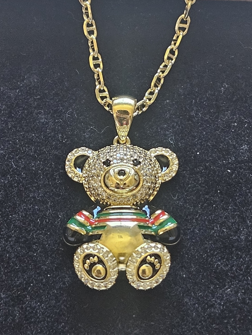 Gold Plated Micropave Teddy Bear Pendant Necklace